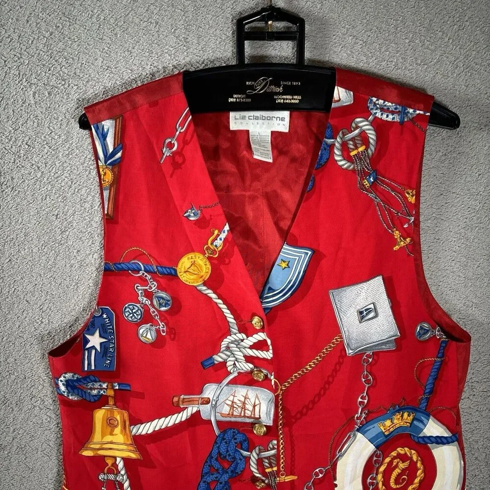 LIZ CLAIBORNE COLLECTION WOMENS RED NAUTICAL‎ SATIN VEST, SZ L 90s - Picture 2 of 9